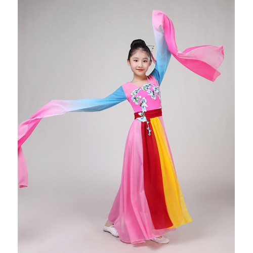 Children chinese folk dance costumes pink blue fairy cosplay water sleeves hanfu traditional classical yangko fan dance dresses clothes